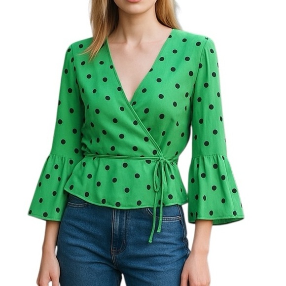 Ganni Dainty Georgette Green Polka Dot Bell Sleeve Wrap Top Women’s EU 36 - Picture 1 of 12